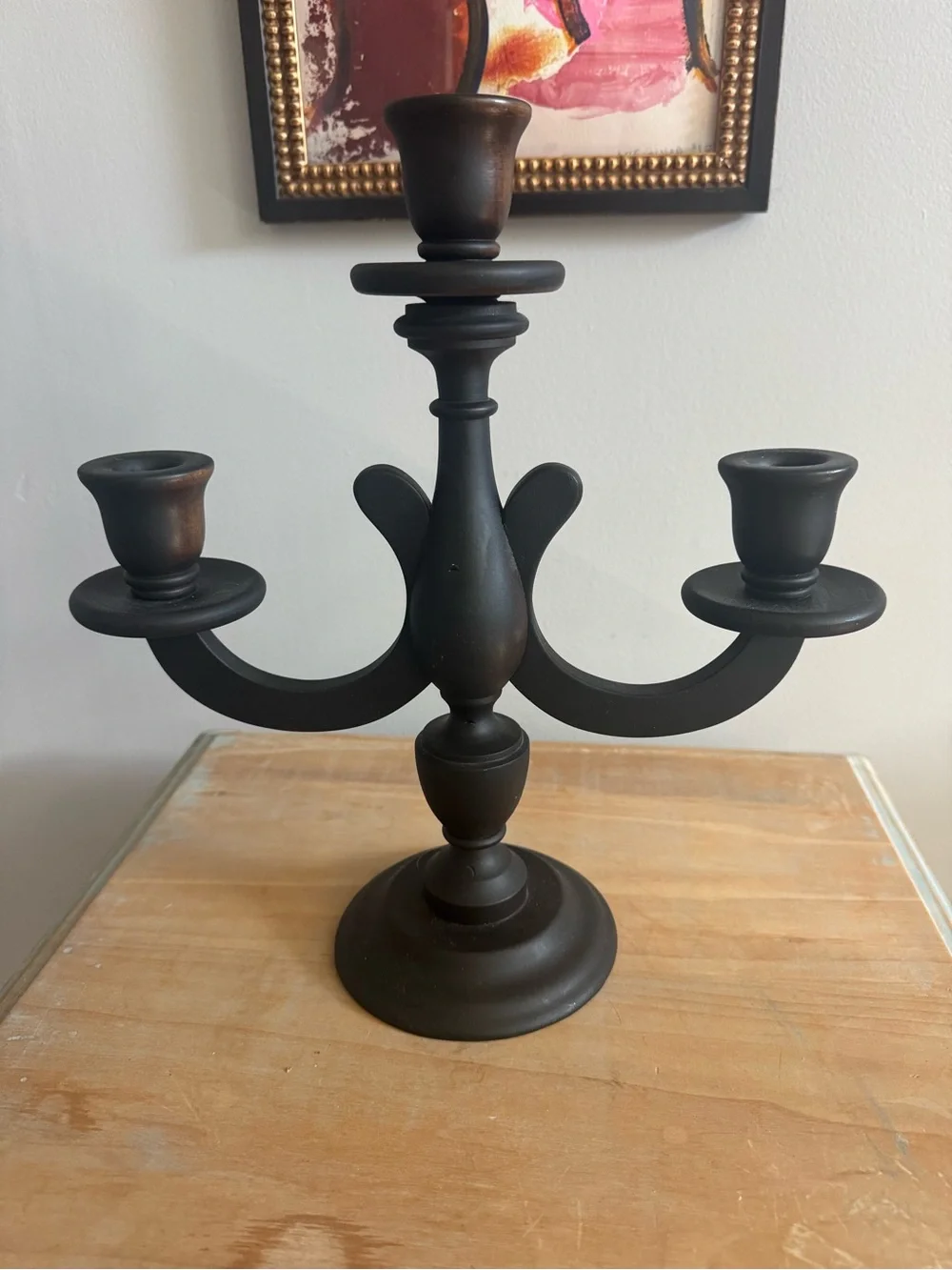 Matte Black 3-Arm Teak Wood Candelabra Candle Holder
